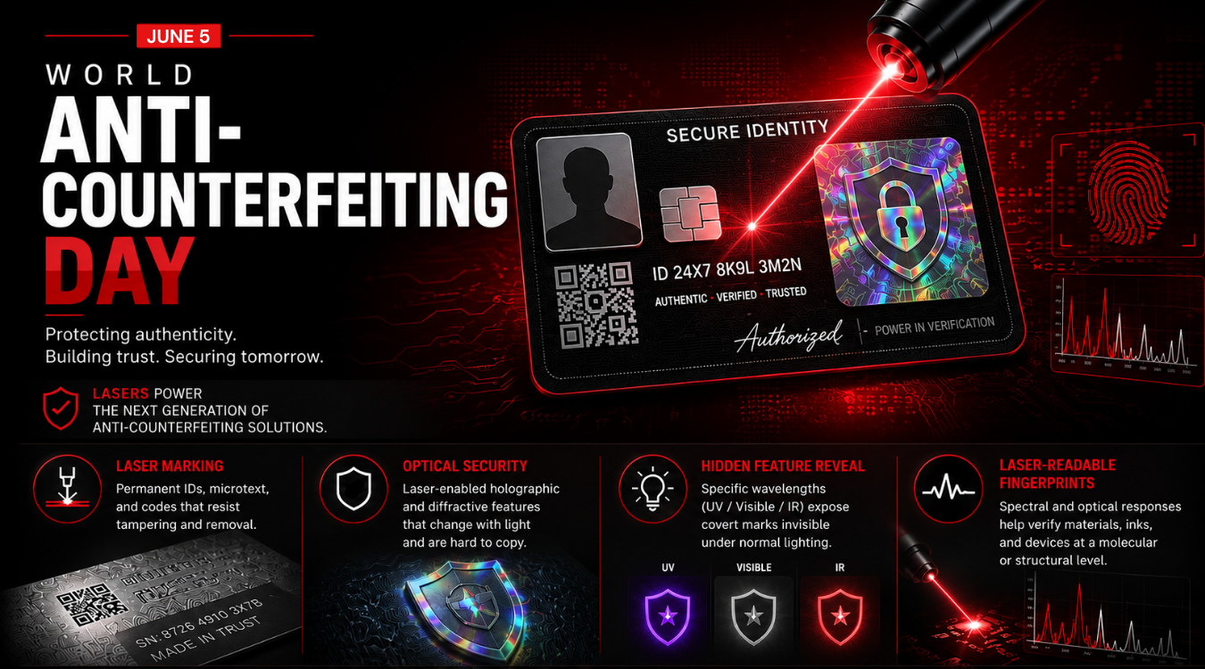 World Anti-Counterfeiting Day graphic showing laser-enabled authentication, secure identity, optical security, hidden feature reveal, and laser-readable fingerprints